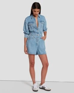7 For All Mankind Denim Lustre Shortall In Volcan Blue -7 For All Mankind Shop 7U898C86 VCB 6