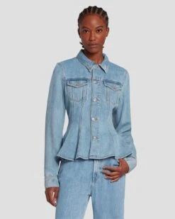 7 For All Mankind Denim Lustre Trucker Jacket In Volcan Blue