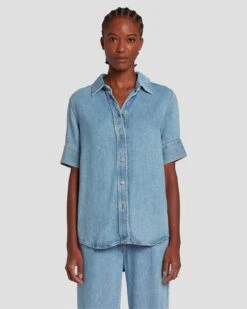 7 For All Mankind Denim Lustre Short Sleeve Shirt In Volcan Blue