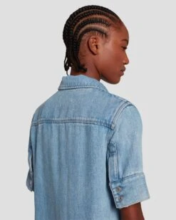 7 For All Mankind Denim Lustre Short Sleeve Shirt In Volcan Blue -7 For All Mankind Shop 7U993C86 VCB 5