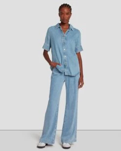 7 For All Mankind Denim Lustre Short Sleeve Shirt In Volcan Blue -7 For All Mankind Shop 7U993C86 VCB 6