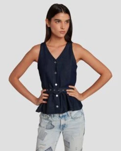 7 For All Mankind Denim Lustre Tailored Vest In Dark Rinse -7 For All Mankind Shop 7U994786 DR3 3