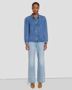 7 For All Mankind Denim Lustre Puff Sleeve Shirt In Daylily -7 For All Mankind Shop 7U997C86 DLY 3