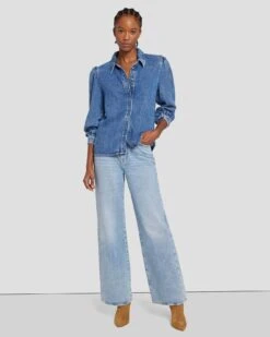 7 For All Mankind Denim Lustre Puff Sleeve Shirt In Daylily -7 For All Mankind Shop 7U997C86 DLY 6