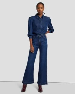 7 For All Mankind Denim Lustre Puff Sleeve Shirt In Poppy