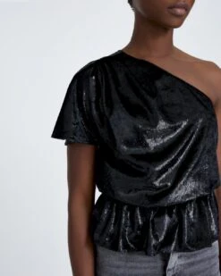 7 For All Mankind One Shoulder Ruffle Blouse In Black Shine -7 For All Mankind Shop 854c3892bca0bbb4cf868f25ccc9bf2d