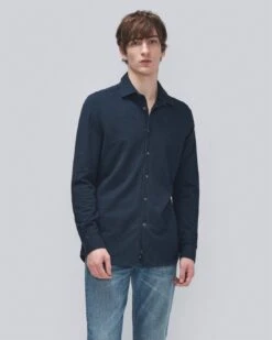 7 For All Mankind Pique Knit Button Down In Navy