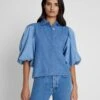 7 For All Mankind Puff Sleeve Denim Top In Star Patchwork
