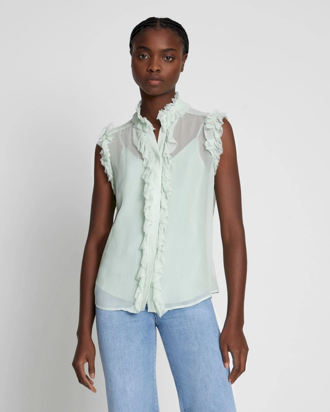 7 For All Mankind Silk Sleeveless Ruffle Top In Seafoam 3 7 For All Mankind Silk Sleeveless Ruffle Top In Seafoam